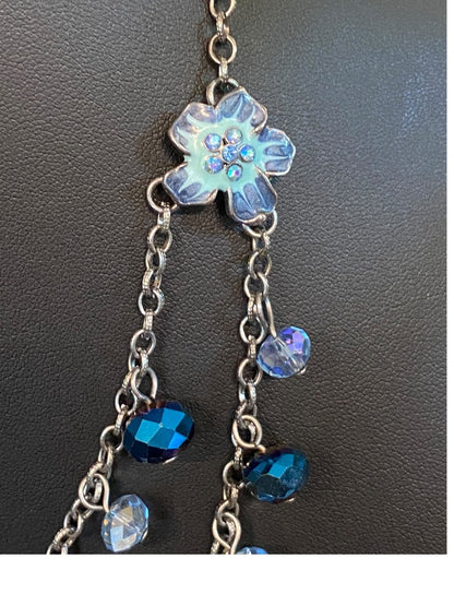 Dark Silvertone Blue Beaded Layered Necklace Floral 19" Lobster Clasp