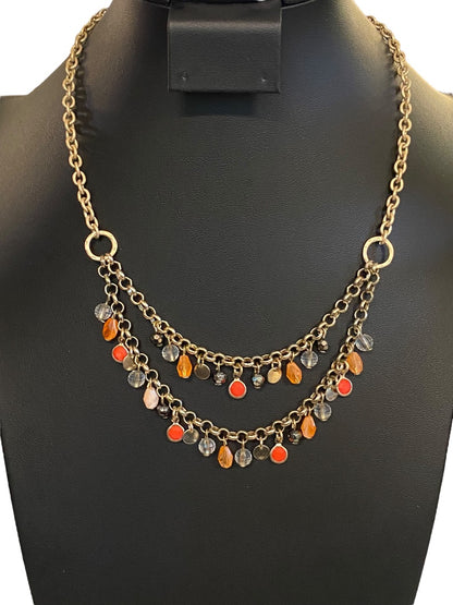 Brushed Goldtone Beaded Double Strand Necklace 17.5"Beaded 3" Drop