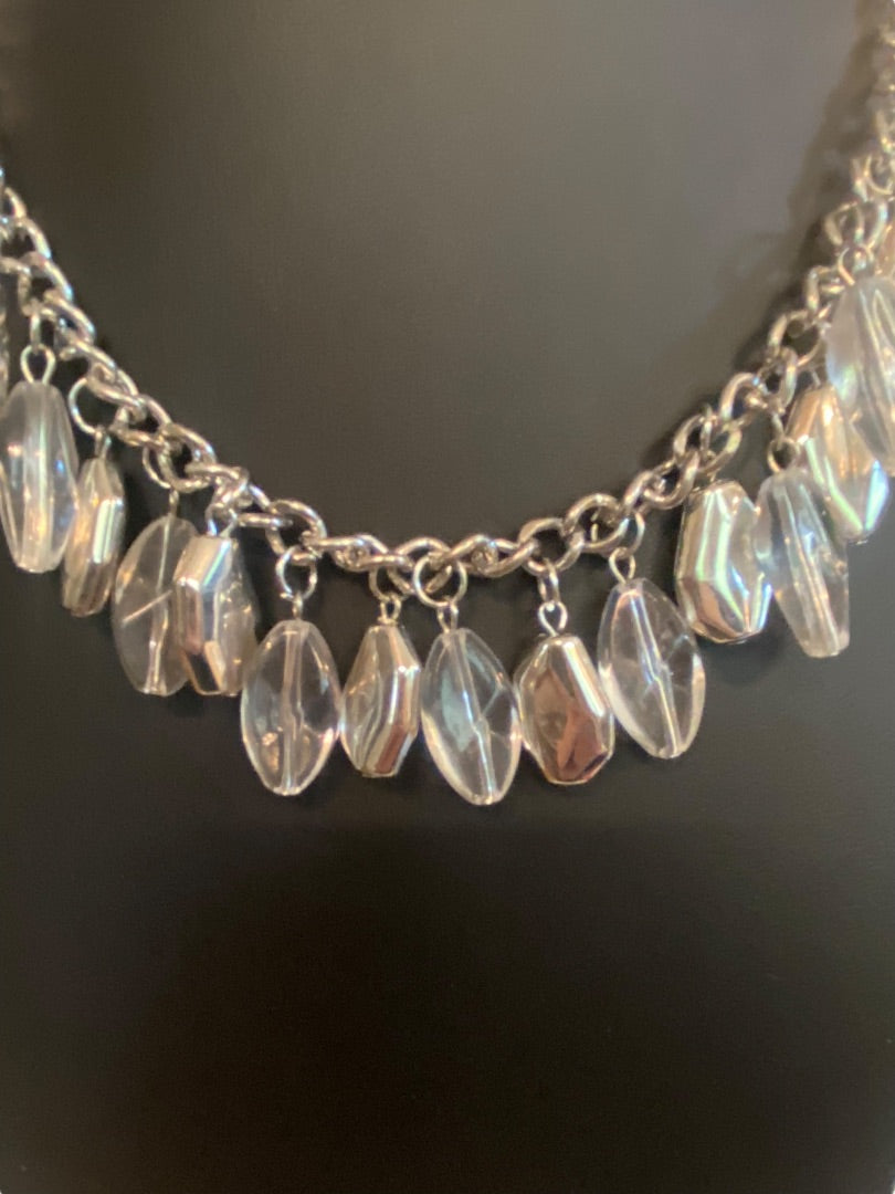 Silvertone 17" Statement Necklace Clear Charm Beads Lobster Clasp