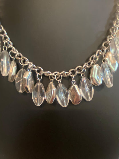 Silvertone 17" Statement Necklace Clear Charm Beads Lobster Clasp