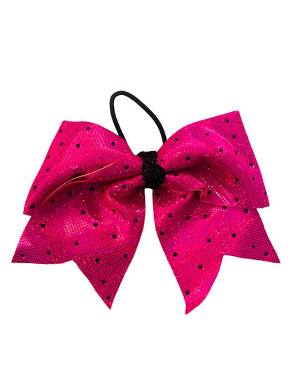 Girls Oversize Hair Bow 6.5" Elastic Ponytail Hot Pink Black Dots Gilttery Shiny