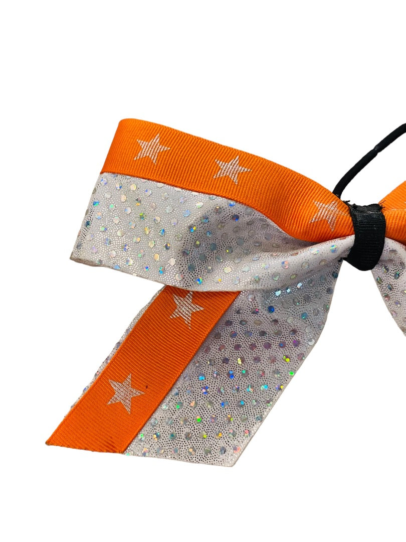 Girls Oversize Hair Bow 8" Elastic Ponytail Silver Orange Star Print