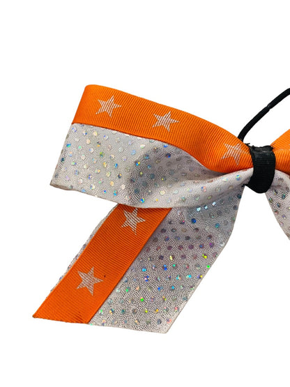 Girls Oversize Hair Bow 8" Elastic Ponytail Silver Orange Star Print