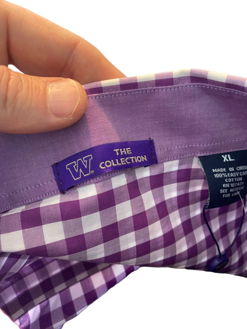 XL Washington Huskies Men's Button Down Gingham Shirt The W Collection NWT