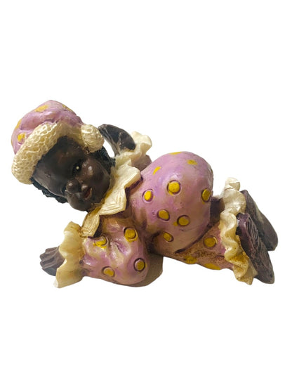 Resin Clown Figurine Brown Skin Baby Crawling Purple Polka Dot 2.2"