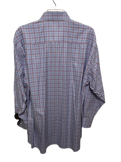 17.5 (32/33) David Donahue 100% Cotton Button Up Mens Plaid Dress Shirt Purple Blue Plaid