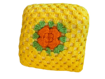 Vintage 1980s Crochet Cover Flower Throw Pillow 10" Accent Yellow