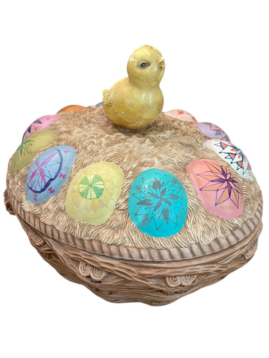Vintage Hand Painted Chick on Ukrainian Eggs Basket Lidded Cookie Jar