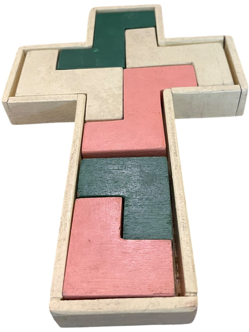 Vintage Wooden Cross Puzzle Toy 6 Pieces with Wooden Cross Box