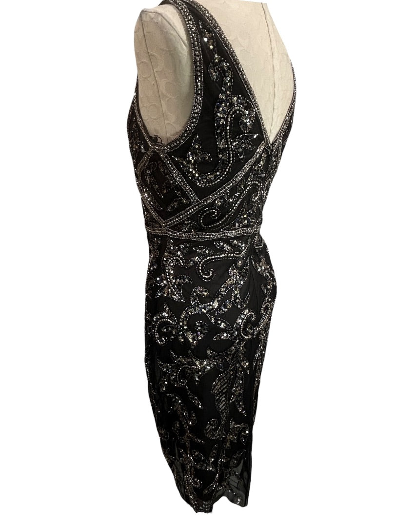 Size 6 Adrianna Papell New Beaded Black Sheath Dress Pewter Silver Beading Sleeveless