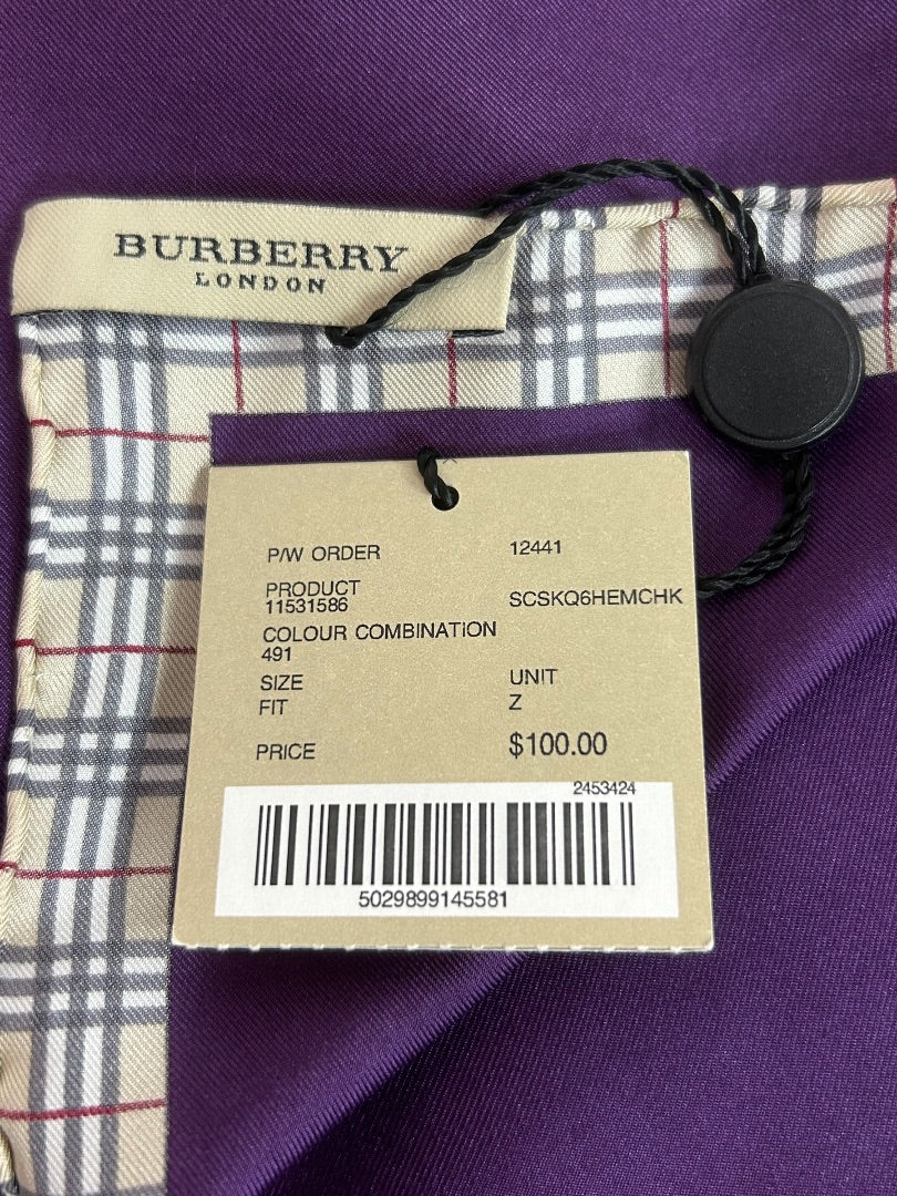 Burberry London Silk Scarf Purple New 22.5" Square Rolled Edge Plaid Trim