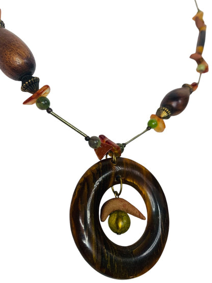 Vintage 1970s Overhead Necklace Wood Yellow Green Beads Pendant 2" Drop 34"