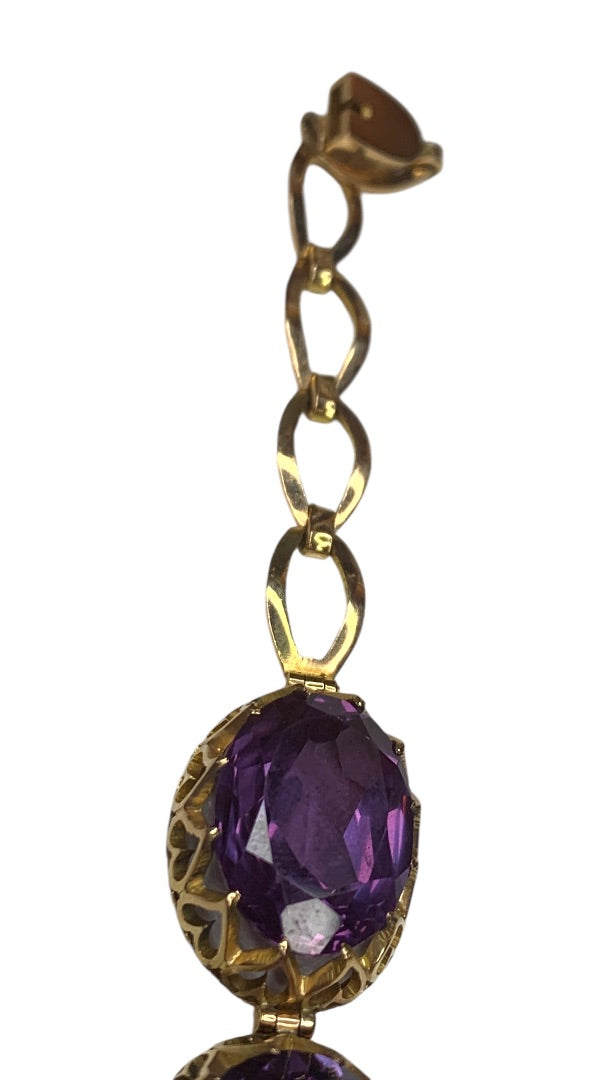 14k Yellow Gold Synthetic Amethyst Bracelet Vintage Jewelry Heart Filigree Setting 7.5"