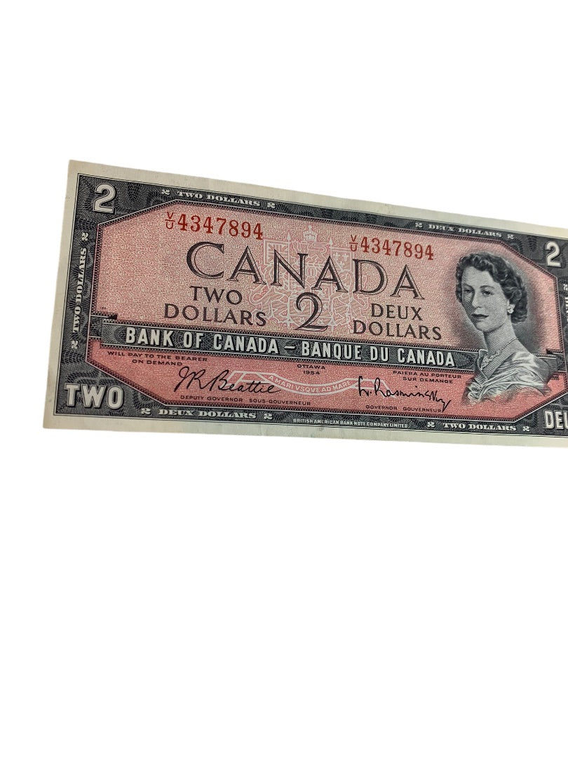 Canada Ottawa Deux 1954 Two Dollars Paper Money Currency Bill Vintage