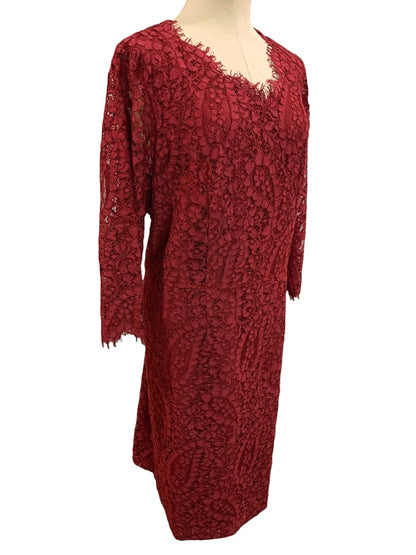 Size 16W Talbots Woman Burgundy Paisley Dress Lined Sheath Long Sleeve