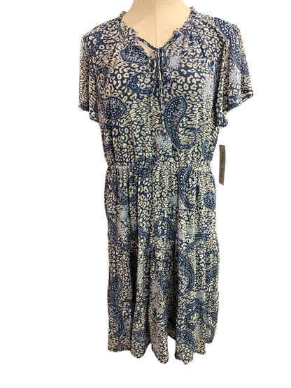 XL Indigo Rose New Paisley Print Boho Dress Elastic Waist Lined Stretch Fabric Blue Tan