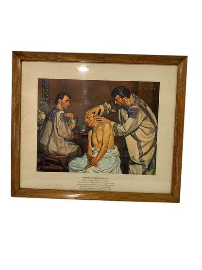 Saints Damian and Cosmas Vintage 1950s Framed Print Twinship of Pharmacy and Medicine 18.25 x 21.5"