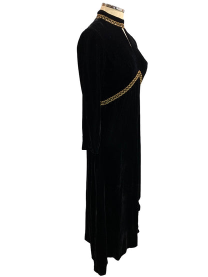 Small Black Velvet 1960s Handmade Dress Gold Tim Full Length