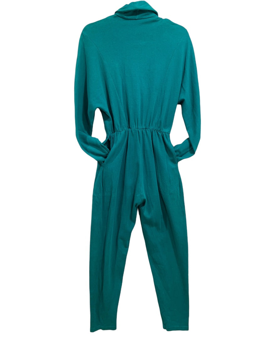 Small FADS 1980s Womens Teal Knit Jumpsuit Snap Bodice Pockets