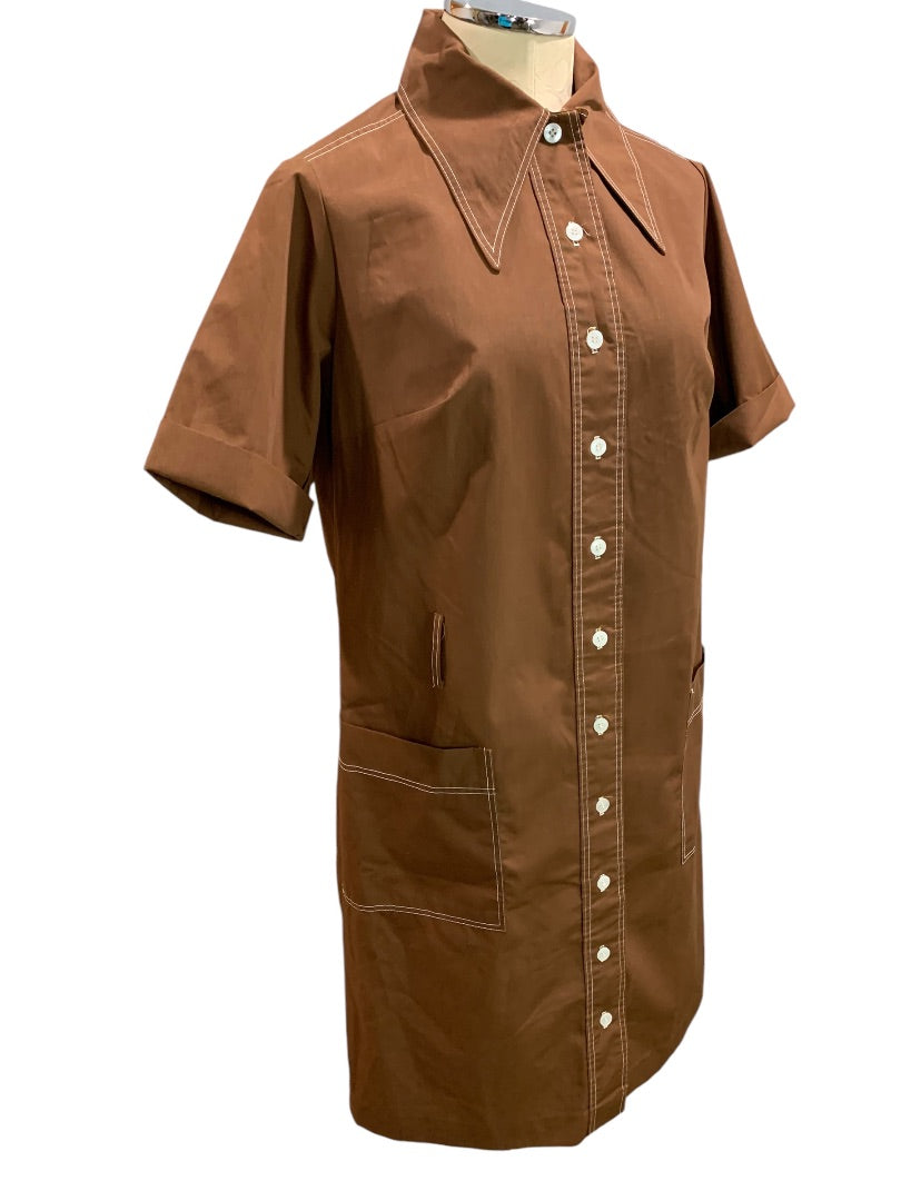 Size 16.5 Vintage 1970s House Dress Brown Cotton Dacron Blend Pockets Pointed Collar