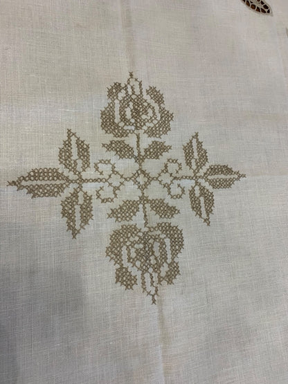 Vintage Tablecloth Embroidered Taupe Floral 66 x 83 Inches Scalloped Edge