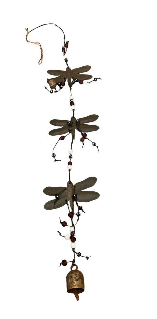 Rustic 30" Metal Dragonfly Bell Glass Beads 4.5 Inch Wingspan