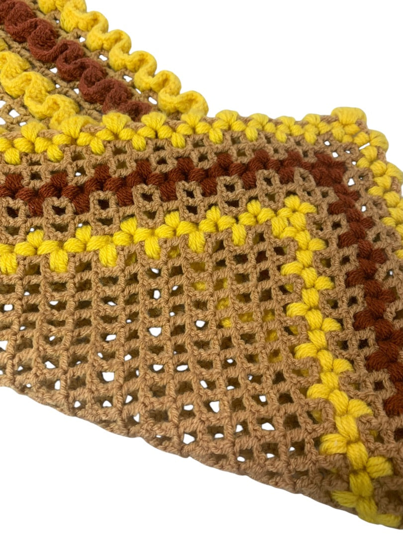 Vintage 1970s Handmade Crocheted Dresser Scarf runner Yellow Brown 29x17 Inches