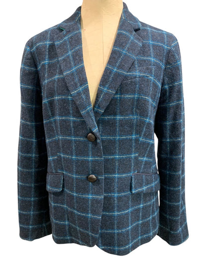 Size 14 Talbots Womens Wool Blend Plaid Blazer Jacket Blue Preppy Career