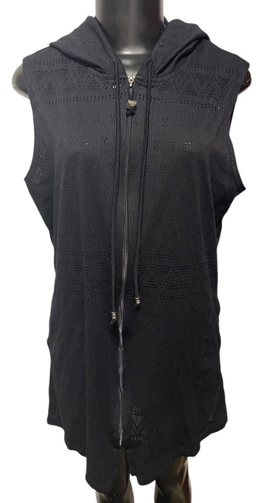 XL Dotti Womens Sleeveless Hooded Swim Cover Up Full Zip Black