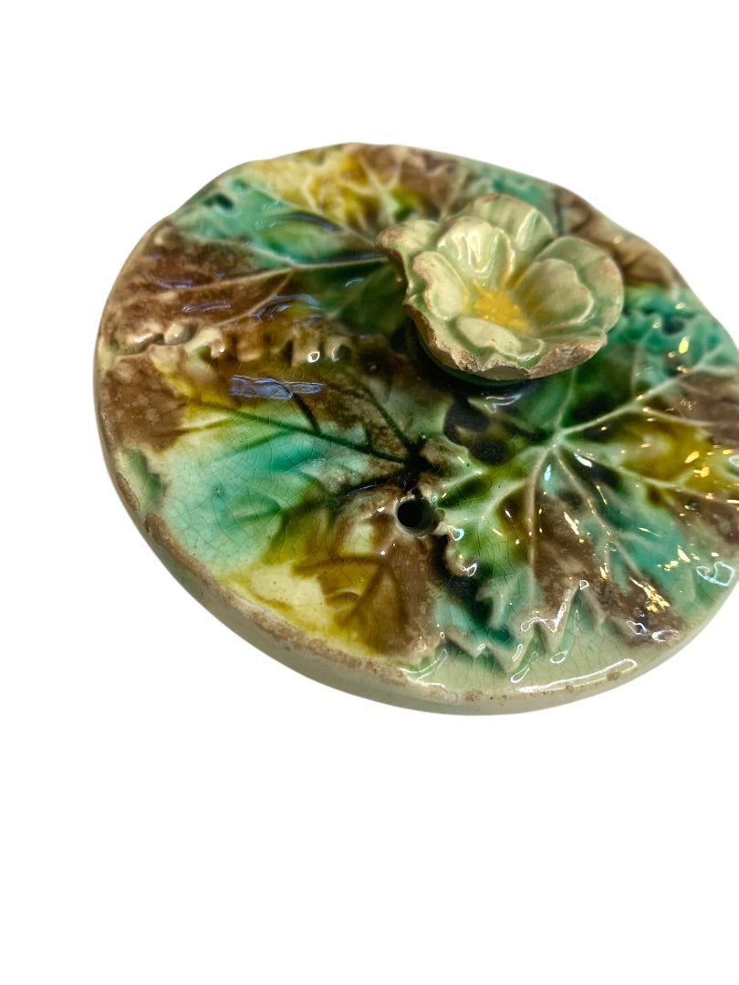 Antique Majolica Flower Leaf Teapot Lid 3.2 Inch Diameter Chipped