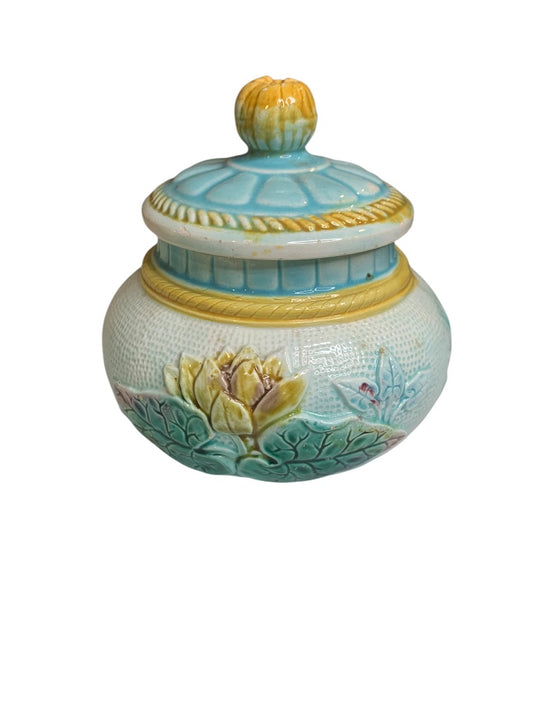 Antique Majolica Lily Pond Lidded Jar Blue Yellow Flower