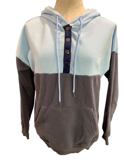 Medium Womens Blue Gray Hoodie Sweatshirt Snaps Colorblock