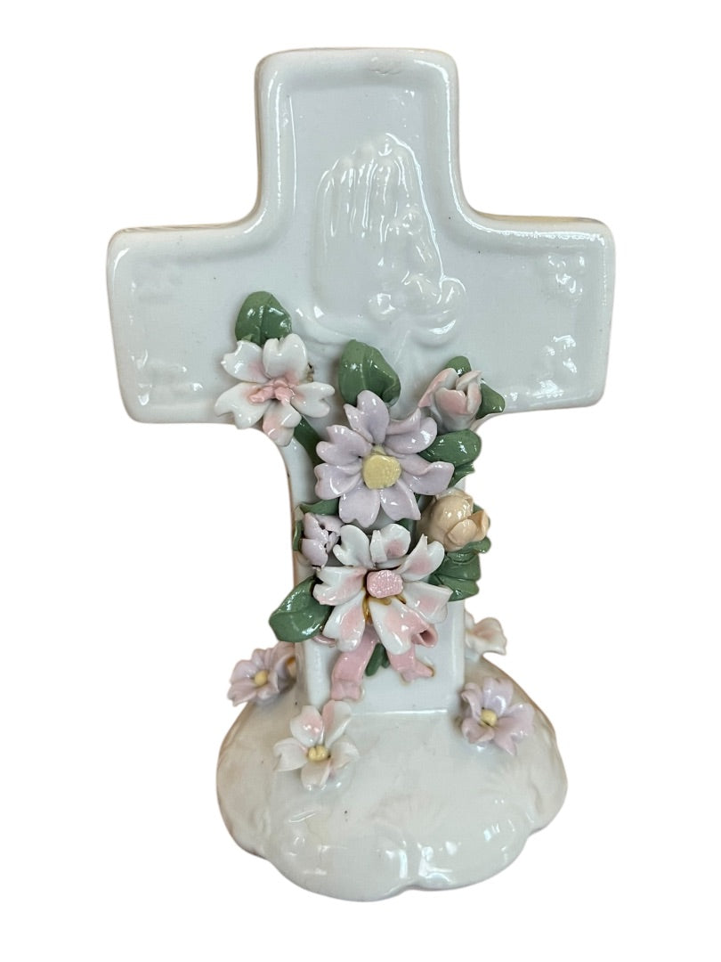 Praying Hands Floral Cross 1998 5.5 Inch Freestanding Floral