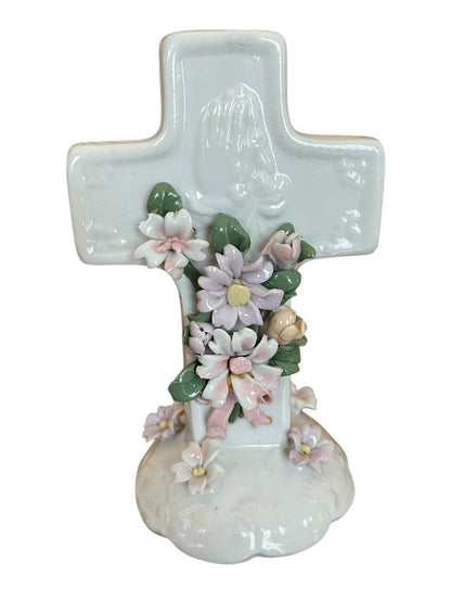 Praying Hands Floral Cross 1998 5.5 Inch Freestanding Floral