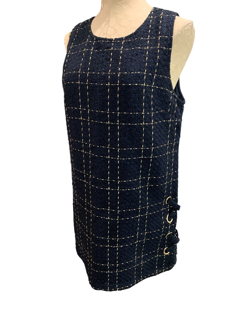 Large Forever 21 Sheath Dress Navy Blue Tweed Gold Threading Sleeveless