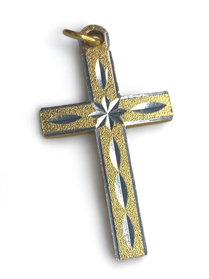 Religious Cross Pendant Goldtone Textured and Silvertone 1.8 Inch