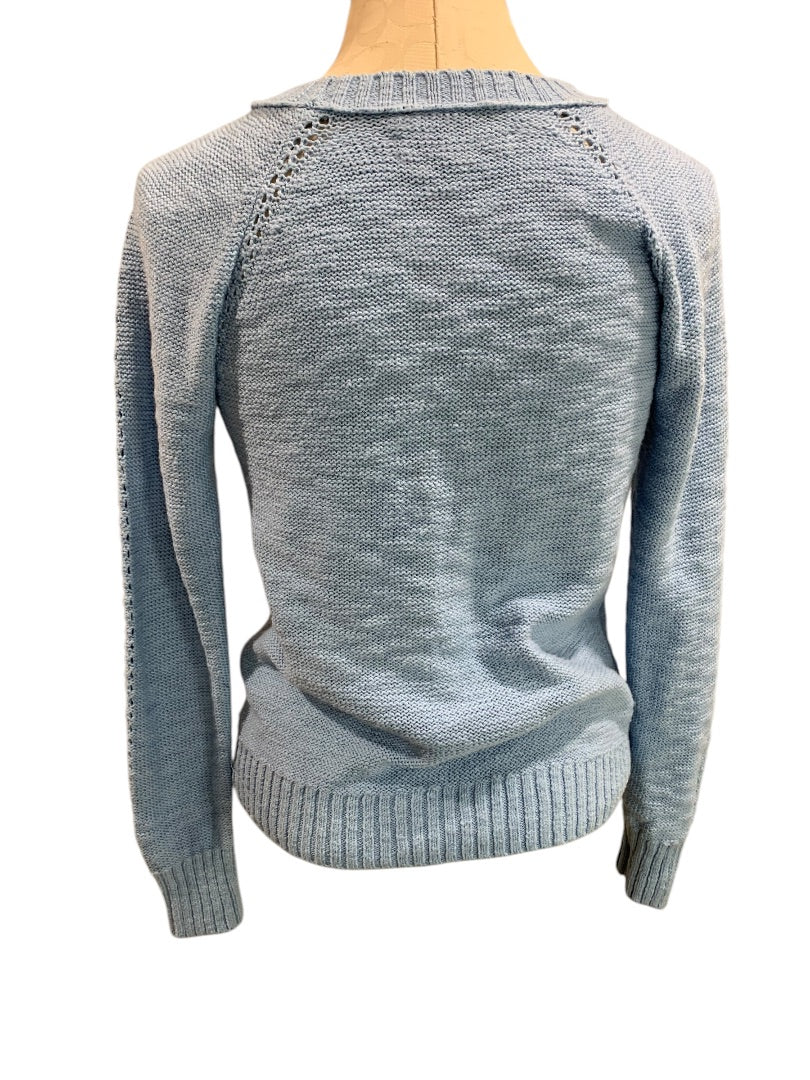 XS Loft Womens Blue Cotton Blend Sweater Open Knit Detail