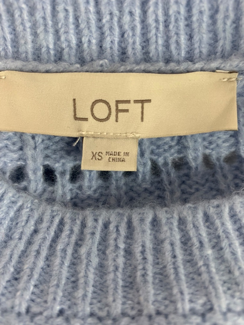 XS Loft Womens Blue Open Weave Sweater Ruffle Shoulder