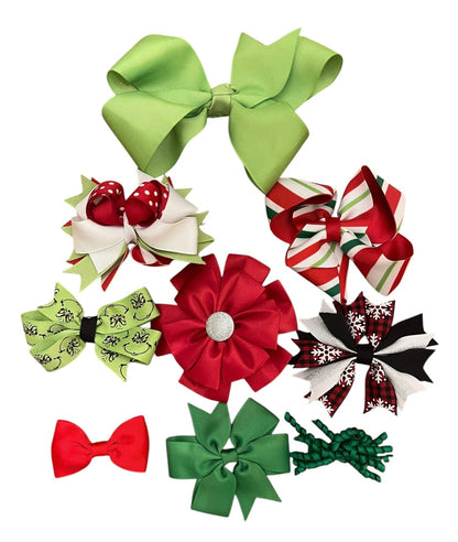 Lot of 9 Holiday Hair Bows Clip Ribbons Grils Grinch Striped