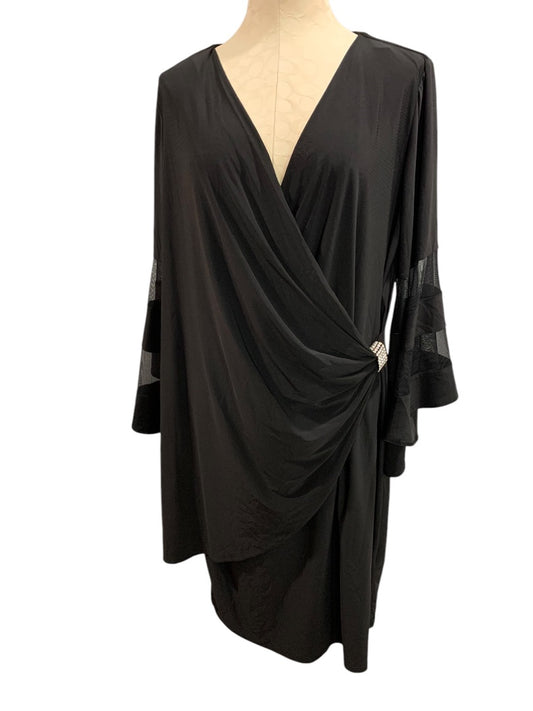 Size 16W R&M Richards Woman Black Wrap Around Dress Bell Sleeve Knee Length