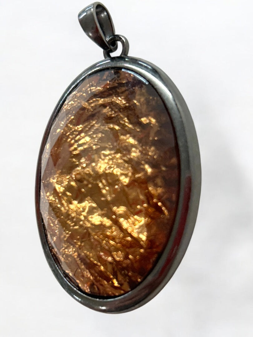 Statement Pendant Pewter Color Faceted Acrylic Copper Color Oval 2" x 1.25"