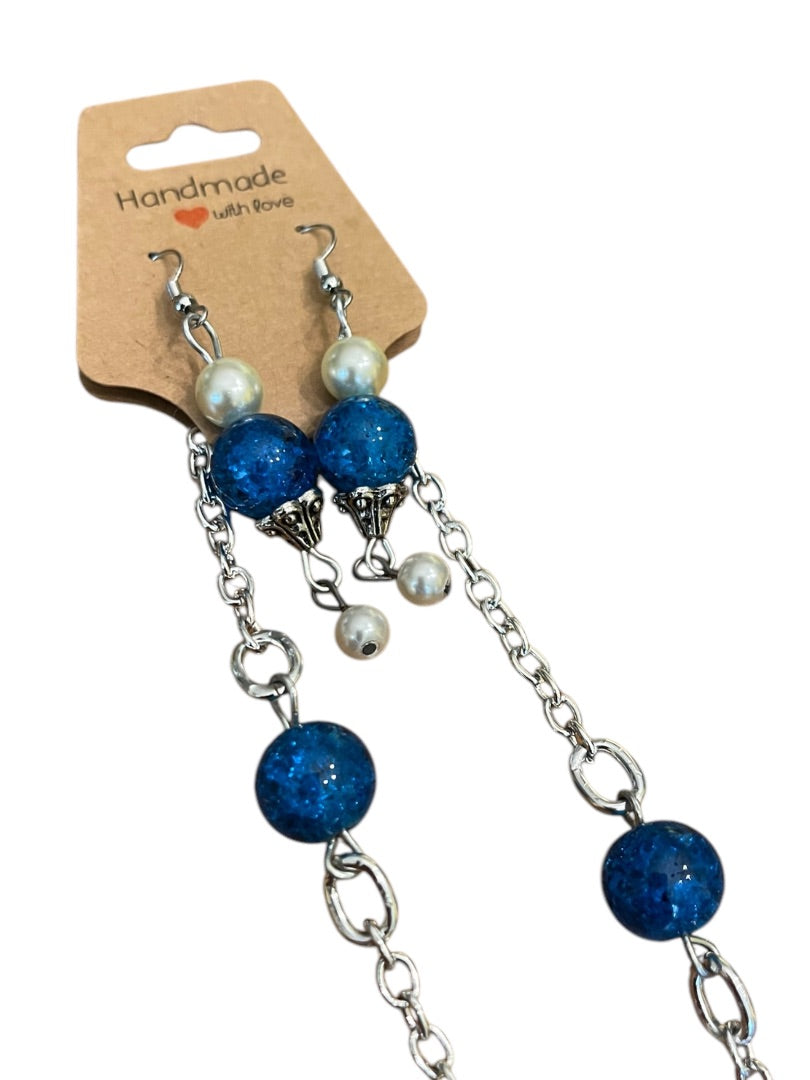 Kavitas Handicraft Beaded New Beaded Jewelry Set Blue Silvertone Necklace Earrings