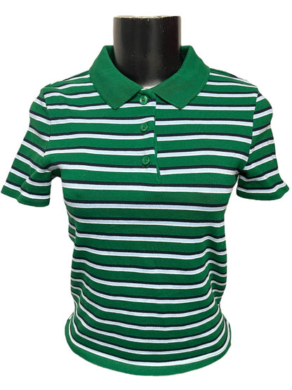 Medium Zara Womens Fitted Waist Length Striped Polo Shirt Green
