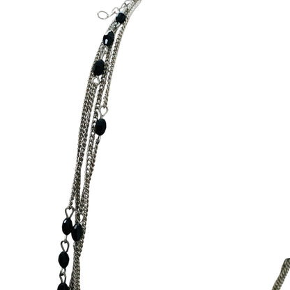 Silvertone and Black Beaded Tiered Necklace 22-25 Inches Lobster Clasp