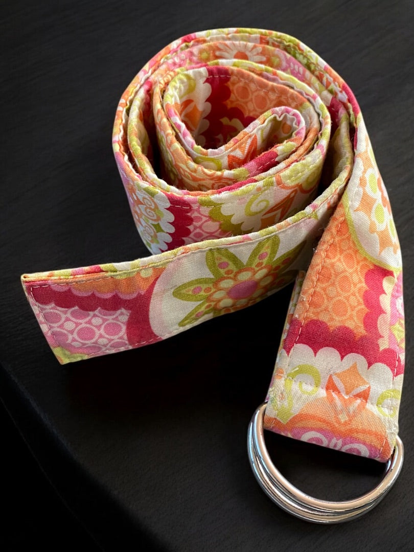 Small Chickadees Preppy D-Ring Fabric Belt Green Orange Floral 1.5 Inch Width