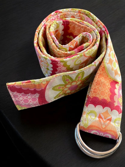 Small Chickadees Preppy D-Ring Fabric Belt Green Orange Floral 1.5 Inch Width