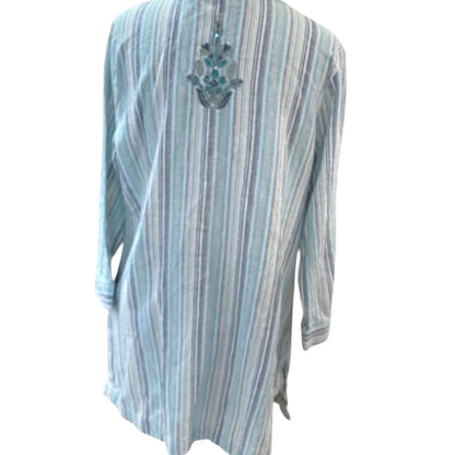 Large Soft Surroundings Womens Tunic Shirt Embelia Blue Green Embroidered Sequin
