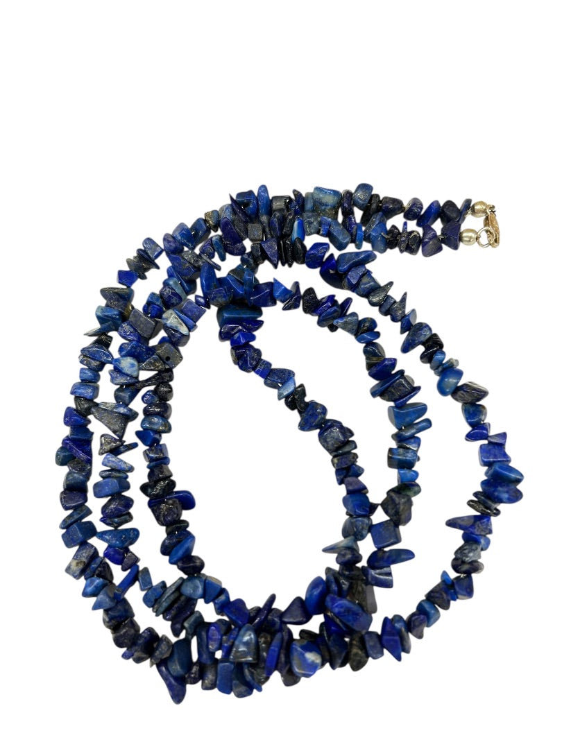 Strand String 34 Inch Necklace Lapis Lazuli Chip Stones 925 Sterling Clasp