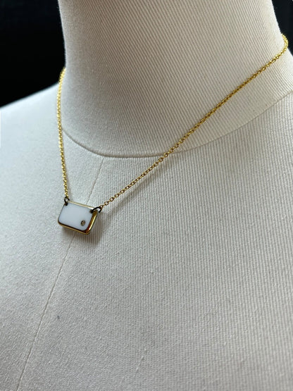 Goldtone Necklace White Rectangle Pendant 16 Inch Spring Closure