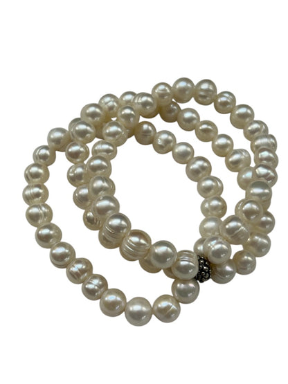 Triple Strand 9mm Pearl Stretch Bracelet Twist Silvertone Spacer